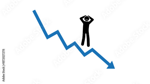 A stick figure person clutches their head in despair as a sharp blue downward trending graph indicates a significant financial or performance decline.