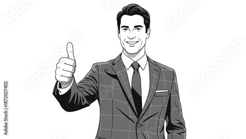 A smiling businessman in a suit gives a thumbs-up gesture, indicating approval or success.