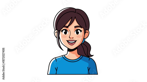 A cheerful young woman with brown hair tied in a ponytail, wearing a blue t-shirt, smiles broadly with her mouth open.