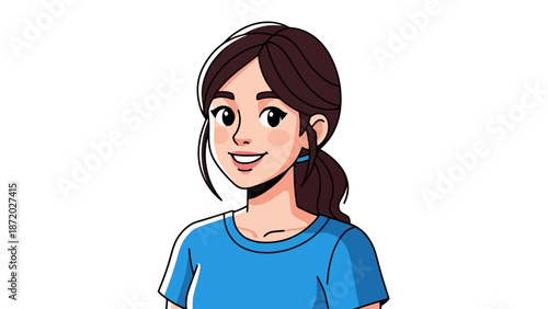 A cheerful young woman with brown hair tied in a ponytail, wearing a blue t-shirt, smiles warmly against a white background.