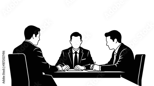 Three businessmen in suits sitting around a table, one in the center appears to be leading a discussion or meeting.
