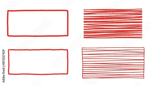 Two rectangular frames with red borders and two filled rectangles with horizontal red lines, illustrating graphic design elements.