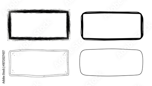 Four distinct rectangular frames with varying artistic styles and line weights, presented on a white background.