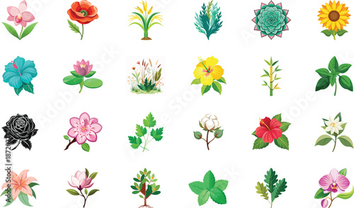 Botanical Plant and Flower Illustration Bundle Featuring Tropical Leaves, Succulents, Cactus, Ferns and Floral Elements, Nature Inspired Flat Vector Icons Isolated on White Background