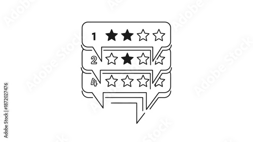 A visual representation of customer feedback and ratings, showing a stacked progression of star ratings within speech bubbles.