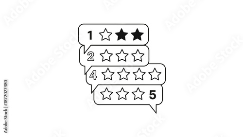 Visual representation of a star rating system with different levels of customer satisfaction displayed in speech bubbles.