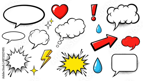 A collection of comic book style speech bubbles, sound effects, and graphic elements like hearts and lightning bolts.