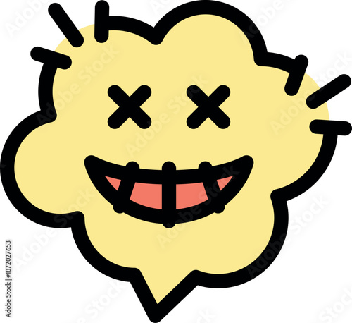 Cartoon speech bubble with stitched mouth, crosses on eyes, and a playful expression, representing craziness and humor