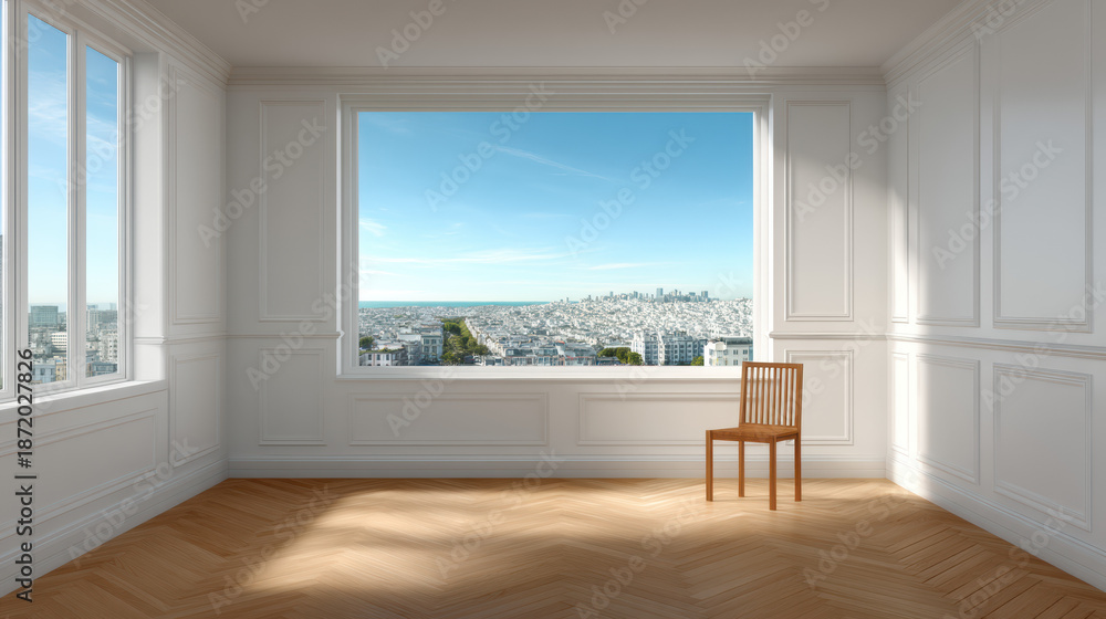 Fototapeta premium A sunlit empty room showcases a panoramic city view through a large window, with a simple wooden chair placed on the shiny parquet floor, creating a sense of space.