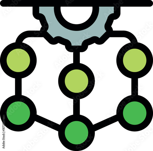 Abstract network illustration featuring interconnected nodes and gear
