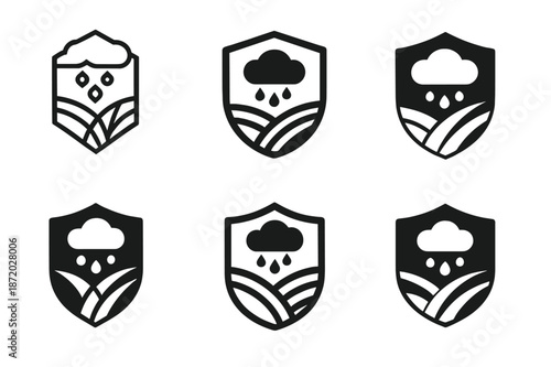 Hail Protection Logos. Hailstorm damage prevention in agriculture. Icon set. Set Logo of Hailstorm damage prevention in agriculture: hail cloud with protective