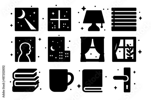 Night Window Icons. Night Window Light. Solid icons set of Night Window Light: moonlight beam, window pane, starry sky, city lights, blinds, silhouette figure,