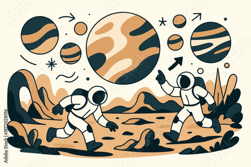 Astronauts on Vibrant Planets. planets. Vibrant planets aligned in a row, astronauts exploring the surface, alien landscapes unfolding. Modern flat vector