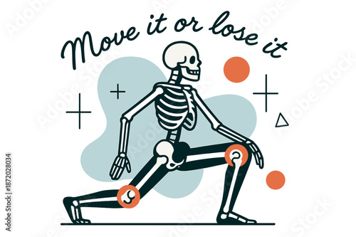 Graceful Skeleton Movement. Bone & Joint Health. A stylized skeleton frame moves gracefully through a lunge; floating icons highlight knees and hips. Text
