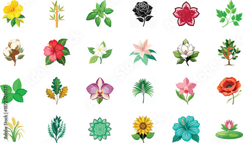 Botanical Plant and Flower Illustration Bundle Featuring Tropical Leaves, Succulents, Cactus, Ferns and Floral Elements, Nature Inspired Flat Vector Icons Isolated on White Background