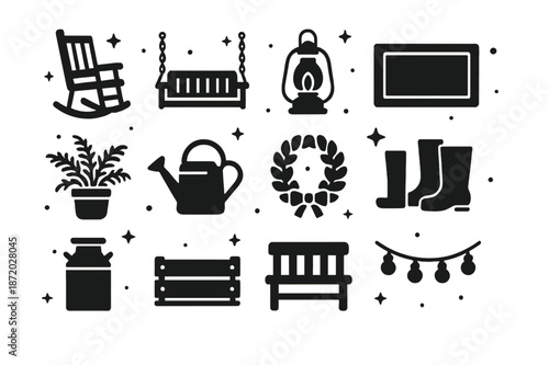 Farmhouse Porch Icons. Farmhouse Porch. Solid icons set of Farmhouse Porch: rocking chair, porch swing, lantern, welcome mat, potted fern, watering can,