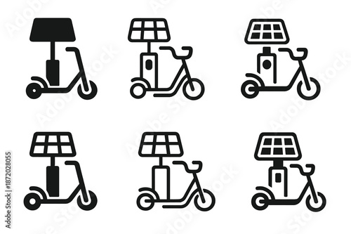 Solar Transport Icons. Solar-powered city transport vehicles. Icon set. Set Logo of Solar-powered city transport vehicles: kick scooter at solar docking