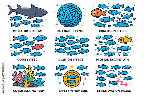Predator?Prey Iconography. Predator?prey dynamics in schools. Colorful isometric vector icons set of Predator?prey dynamics in schools: predator shadow, bait