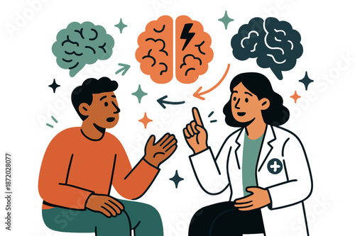 Brain Consultation Scene. Brain disorders and conditions. Patient talking to neurologist with abstract floating brain icons, arrows, and sparkles; conveys