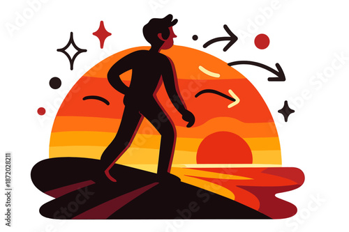 Sunset Silhouette Scene. Silhouette in sunset. A lone figure stands on a ridge as the sun melts into bands; ?Golden hour? curls across the horizon. Long