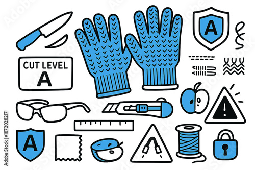 Cut-Resistant Gloves Illustration. // Cut-resistant gloves. Hand-drawn doodle illustration cut-resistant gloves [glove pair with knit texture (accented), knife