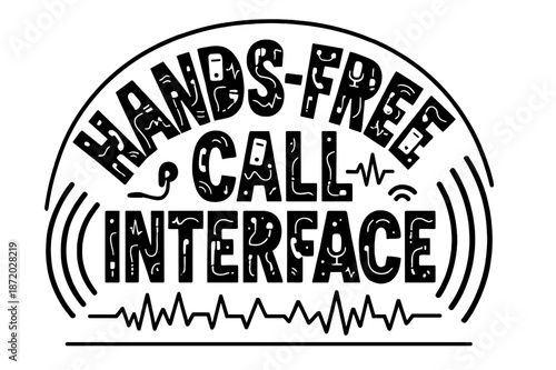 Tech Silhouette Typography. Decorative Display Lettering ? "Hands-Free Call Interface" with silhouette letters containing tiny phones, earbuds, microphone