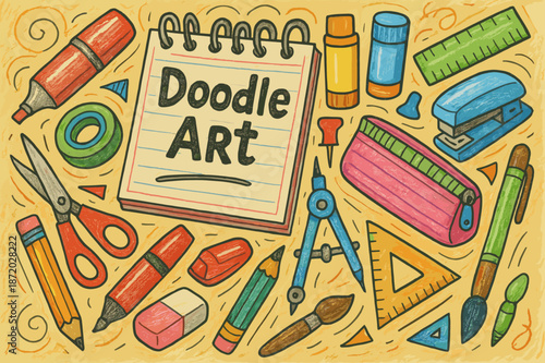 Colorful Doodle Supplies. Doodle Art. Hand-drawn doodle illustration Doodle Art, colored pencil, accented marker, colored paper, sketchbook, colored scissors,