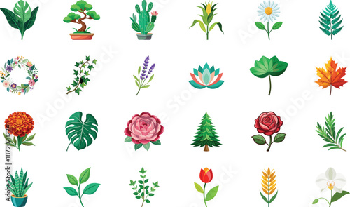 Botanical Plant and Flower Illustration Bundle Featuring Tropical Leaves, Succulents, Cactus, Ferns and Floral Elements, Nature Inspired Flat Vector Icons Isolated on White Background