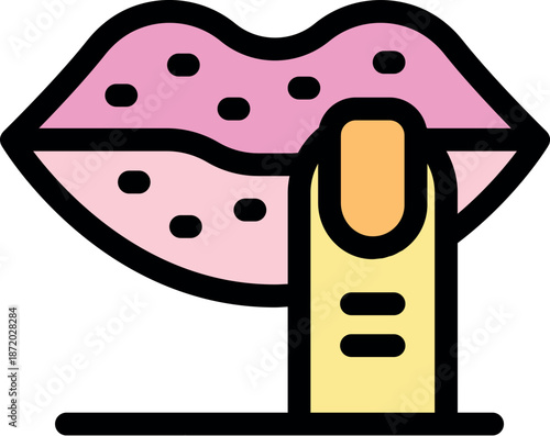 Finger touching lips, suggesting silence, secret, or discretion, in a colorful and simple design