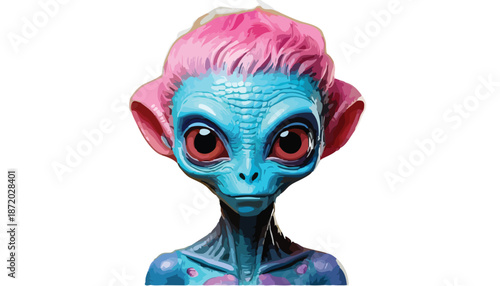 Close-up of a Blue Alien with Pink Hair and Large Eyes.