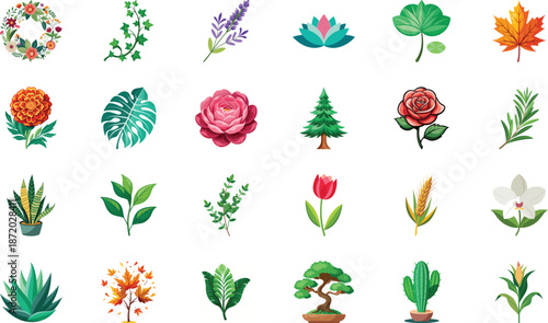 Botanical Plant and Flower Illustration Bundle Featuring Tropical Leaves, Succulents, Cactus, Ferns and Floral Elements, Nature Inspired Flat Vector Icons Isolated on White Background