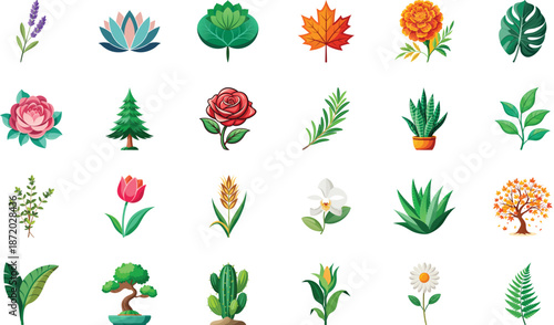 Botanical Plant and Flower Illustration Bundle Featuring Tropical Leaves, Succulents, Cactus, Ferns and Floral Elements, Nature Inspired Flat Vector Icons Isolated on White Background