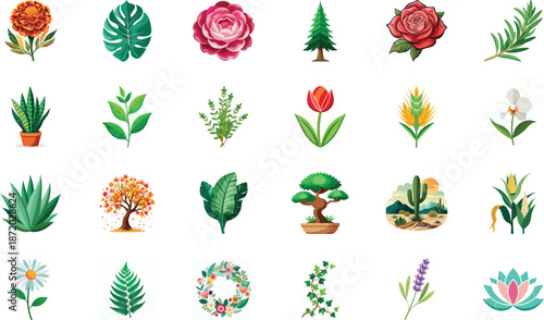 Botanical Plant and Flower Illustration Bundle Featuring Tropical Leaves, Succulents, Cactus, Ferns and Floral Elements, Nature Inspired Flat Vector Icons Isolated on White Background
