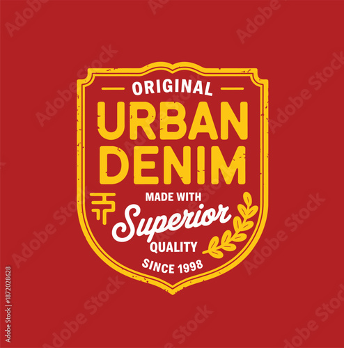 Red vintage urban denim brand with yellow text and laurel leaves