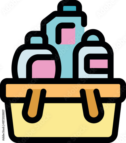 Different cleaning products placed inside a shopping basket, ready for household chores and hygiene maintenance