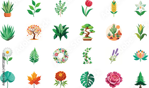 Botanical Plant and Flower Illustration Bundle Featuring Tropical Leaves, Succulents, Cactus, Ferns and Floral Elements, Nature Inspired Flat Vector Icons Isolated on White Background