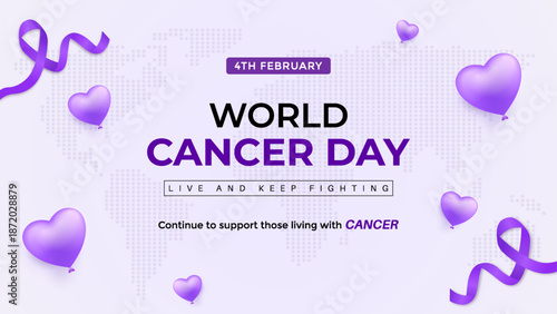World Cancer Day Banner With Purple Hearts, Ribbons, And Global Message