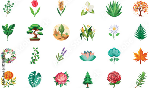 Botanical Plant and Flower Illustration Bundle Featuring Tropical Leaves, Succulents, Cactus, Ferns and Floral Elements, Nature Inspired Flat Vector Icons Isolated on White Background