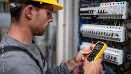 Close-up of electrician checking fuse box connections, multimeter probes touching terminals, hands steady and focused, detailed view of circuit breakers and wires
