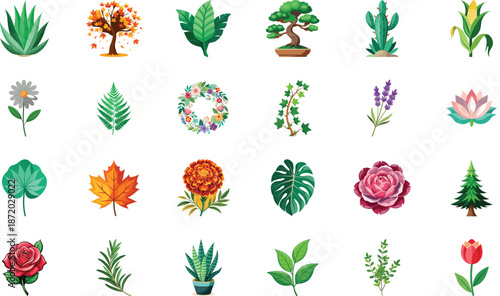 Botanical Plant and Flower Illustration Bundle Featuring Tropical Leaves, Succulents, Cactus, Ferns and Floral Elements, Nature Inspired Flat Vector Icons Isolated on White Background