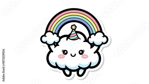 Cute cartoon cloud with rainbow and party hat