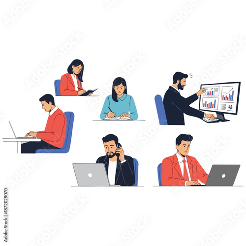 Vector Illustration Set of Business People Working on Laptops Analyzing Data and Taking Notes
