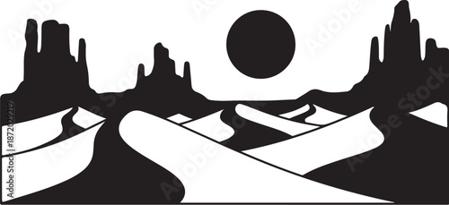 Desert Landscape Silhouette with Mountains and Sun