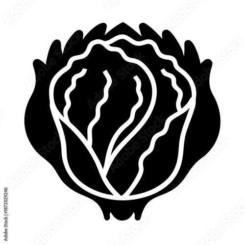 Stylized black and white icon of a fresh green cabbage head for healthy eating