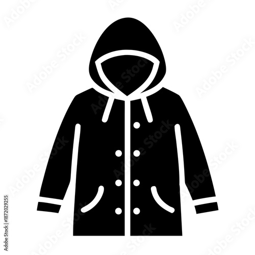 A practical black raincoat with hood and buttons, ideal for protection against wet weather