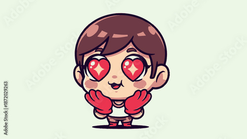 cute cartoon character with heart eyes and red gloves