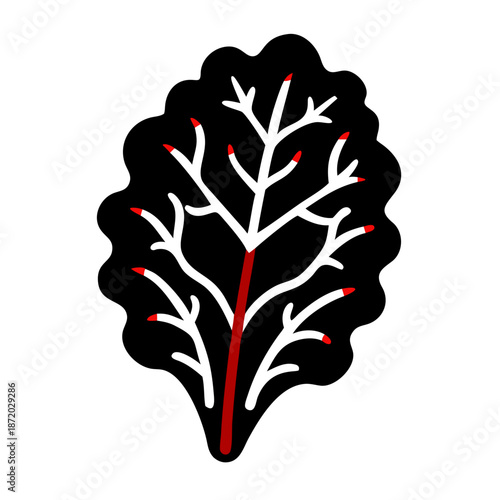 Stylized black leaf illustration with white veins and a vibrant red central stem