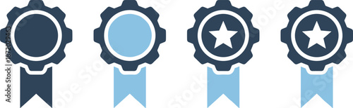 Set of award ribbon badges with star symbols, achievement icons, certification labels, and quality guarantee emblems in blue colors