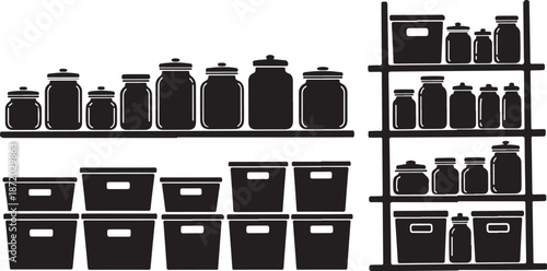 Storage containers and jars on shelves and bins