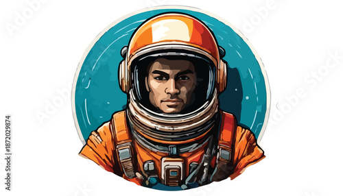 Astronaut Portrait - Focused Man in Space Suit with Orange Helmet.